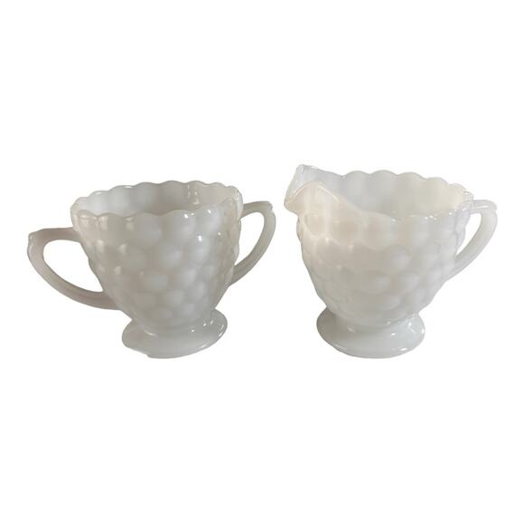 Milk Glass Cream and Sugar Set Hobnail White Bubble Glass - Picture 1 of 7